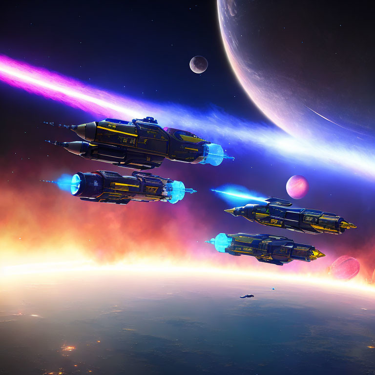 Three futuristic spaceships flying above a planet with colorful nebula and distant moons.