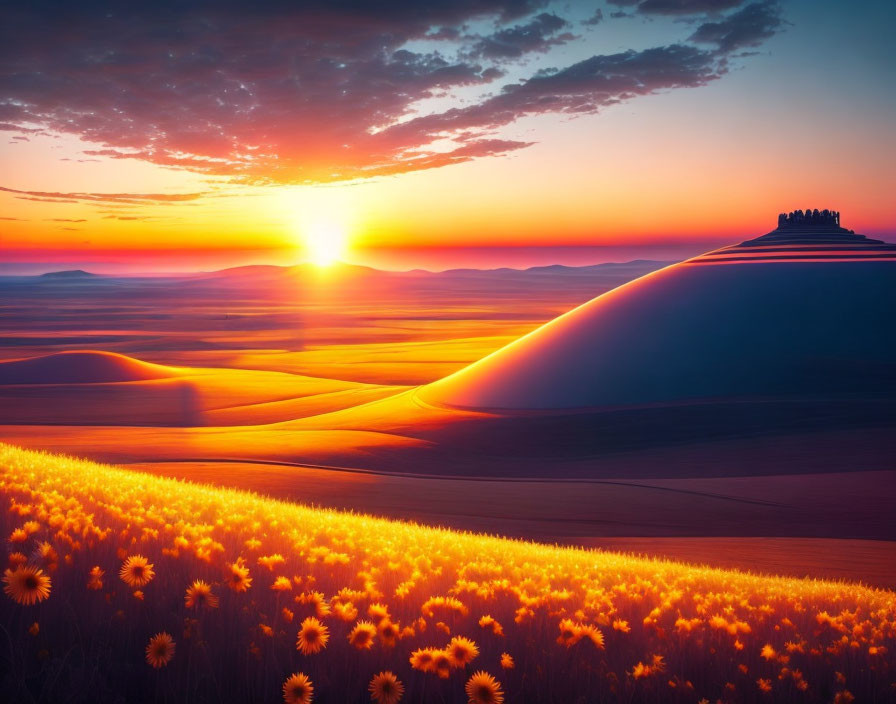 Vibrant orange sunset over rolling hills with sunflowers.