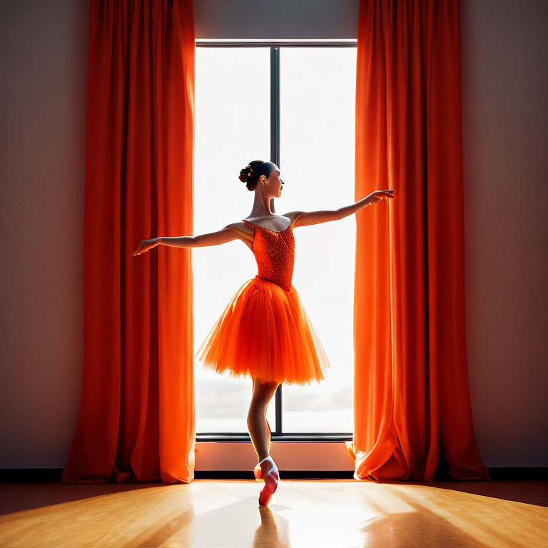 Ballerina in Orange Tutu Poses Between Vibrant Curtains