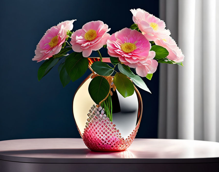 Golden vase with pink crystal design holding peonies on dark table against blue backdrop