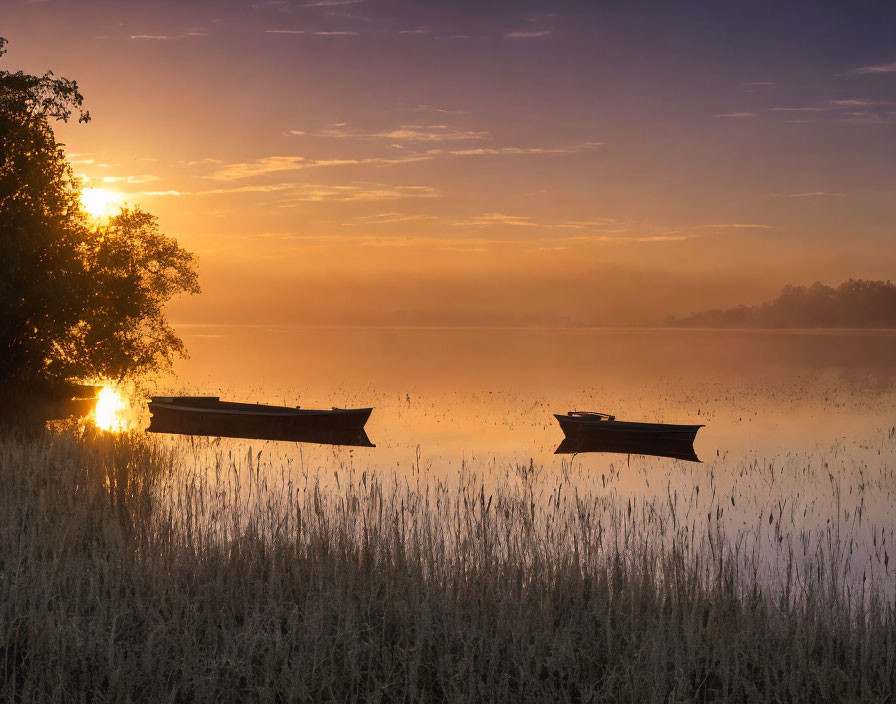 Misty Lake Sunrise with Boats and Reeds