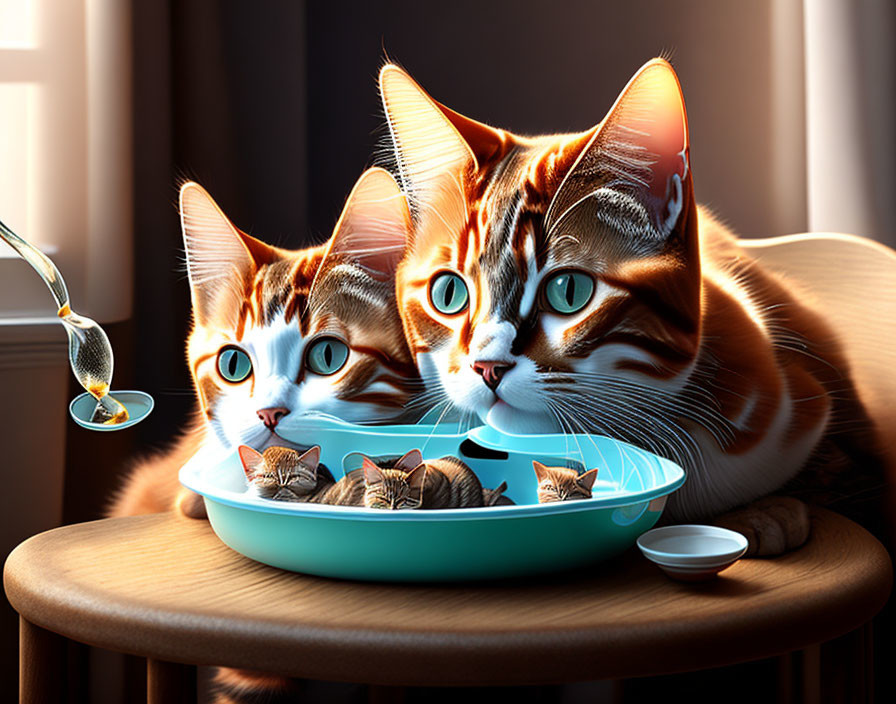 Two Orange Tabby Cats Sharing Fish-Shaped Treats by Sunlit Window