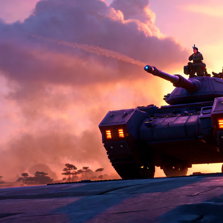 Tank firing at dusk under dramatic pink and orange sky with figure on turret.