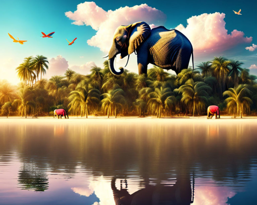 Large floating elephant above tranquil lake with lush palms and colorful birds reflected in water.