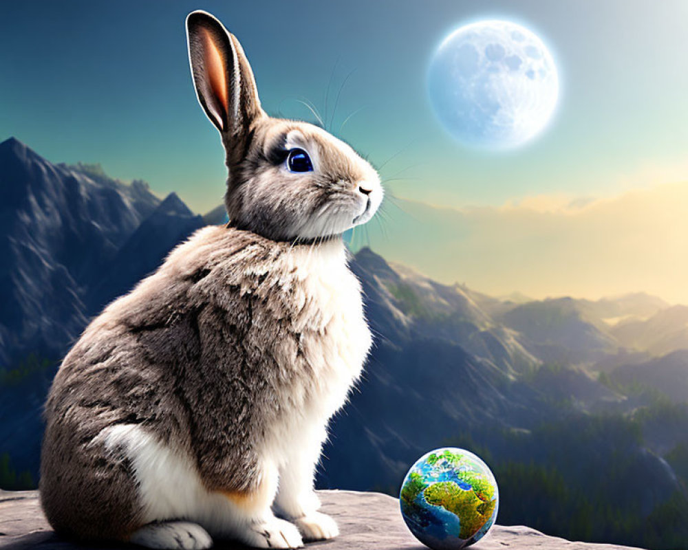 Rabbit with globe on cliff edge under moonlit sky