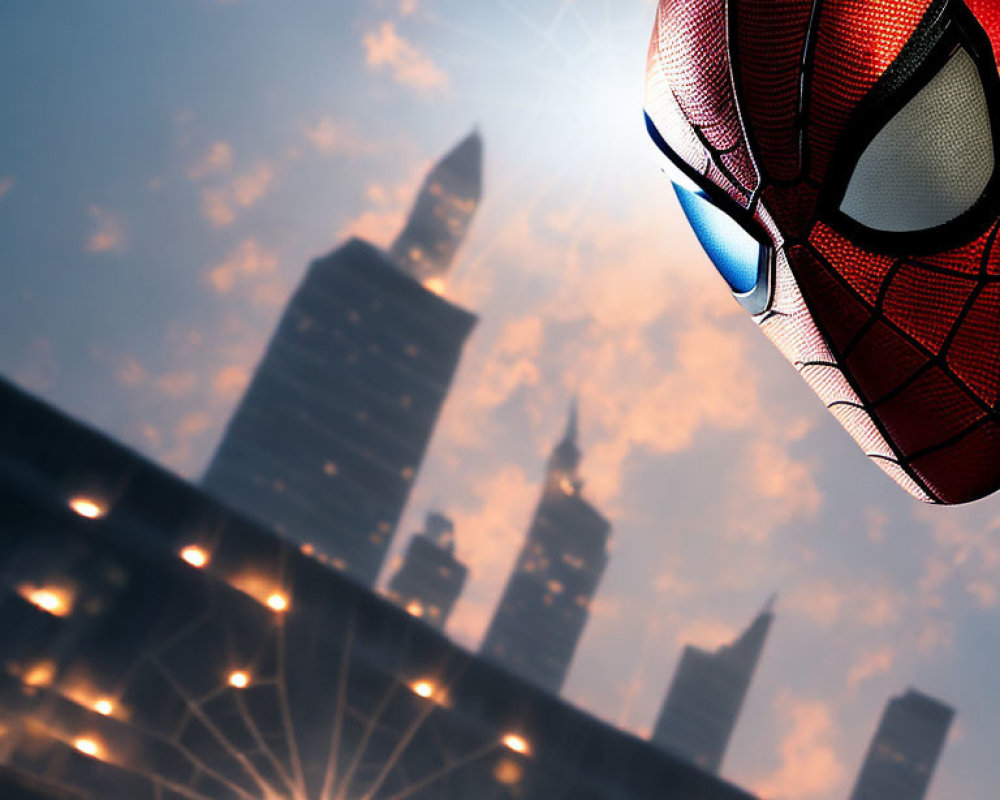 Detailed Spider-Man mask with cityscape and sun flare view.