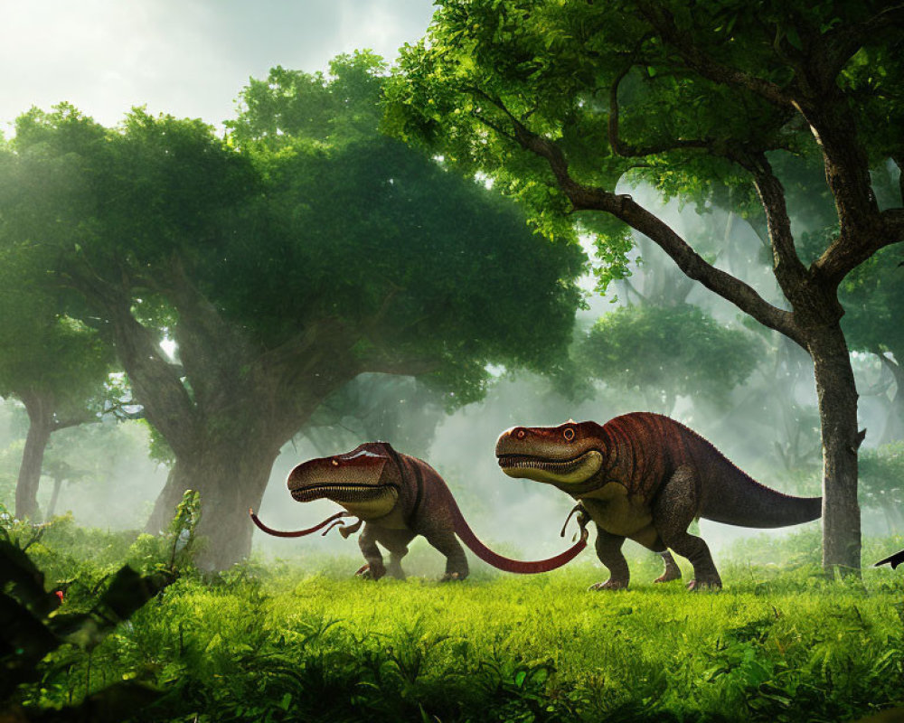 Dinosaurs in misty forest clearing with soft light