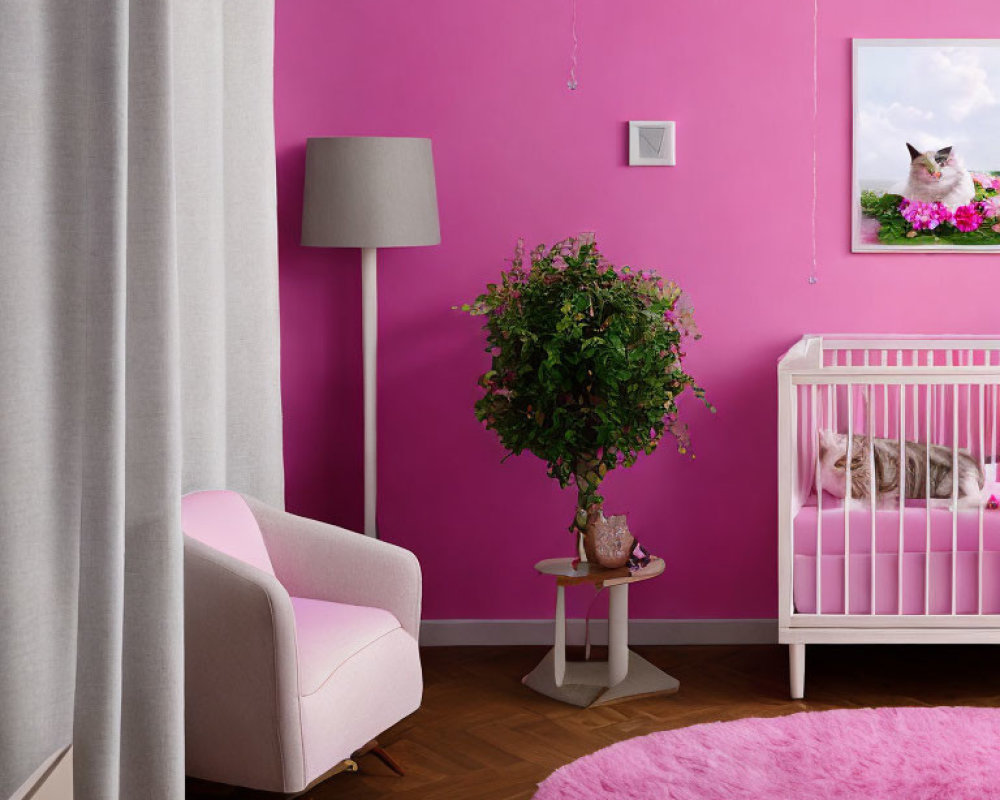 Bright Pink Nursery with Baby Crib, Armchair, Lamp, Plant, and Framed Picture