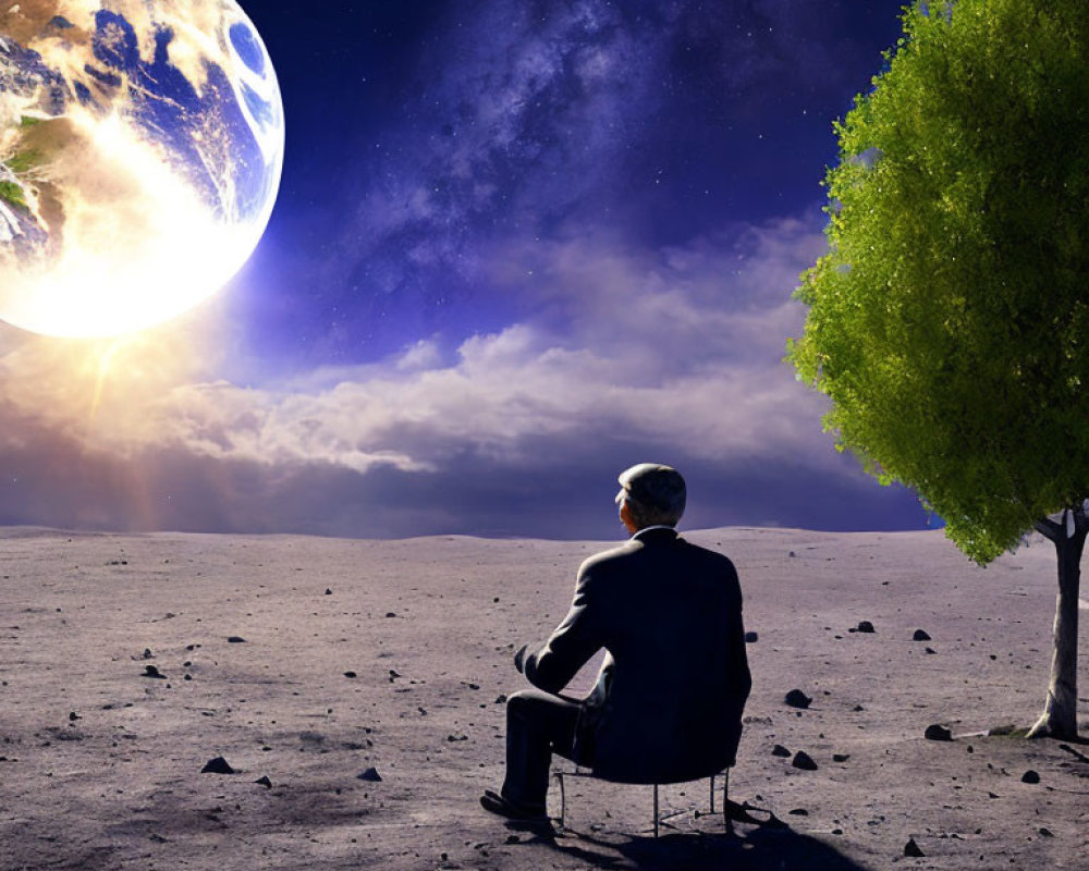 Person sitting on chair gazes at Earth rising above barren landscape with lone green tree.