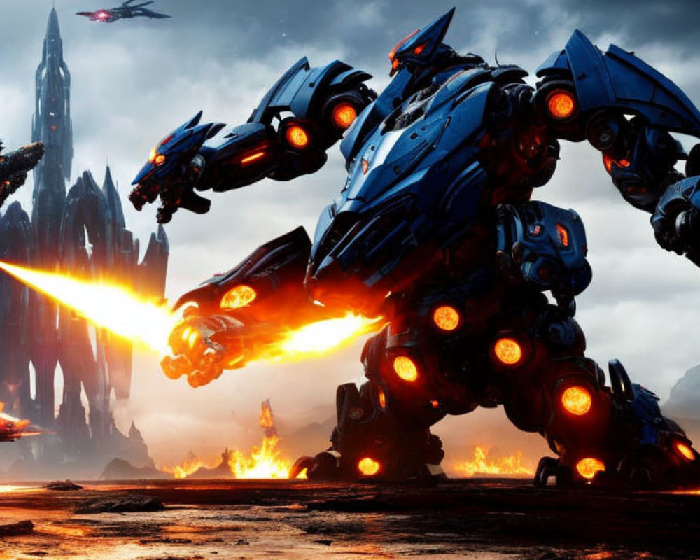 Massive robots battle in fiery landscape with futuristic aircraft and dark mountains