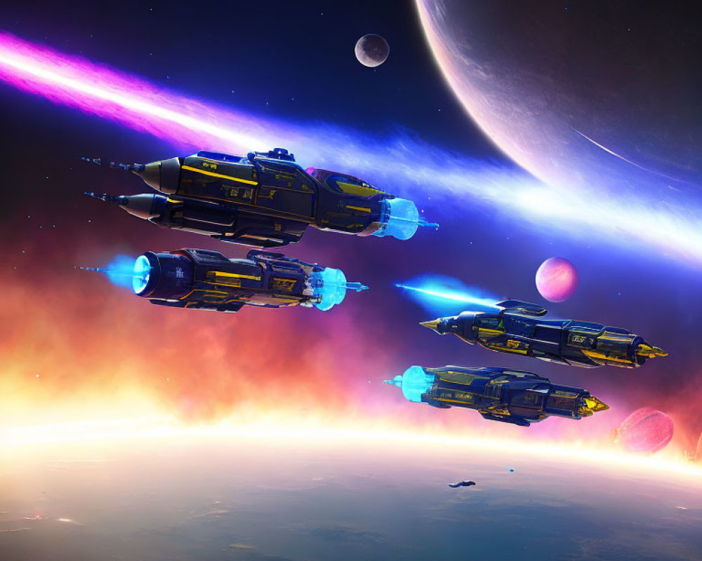 Three futuristic spaceships flying above a planet with colorful nebula and distant moons.