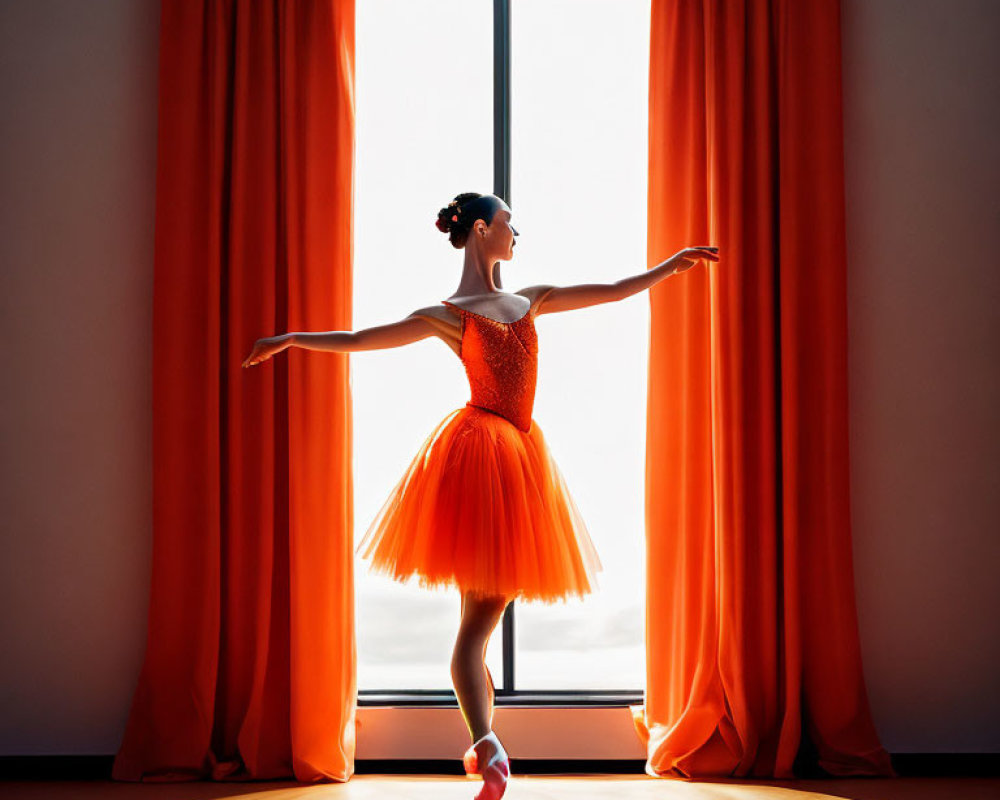 Ballerina in Orange Tutu Poses Between Vibrant Curtains