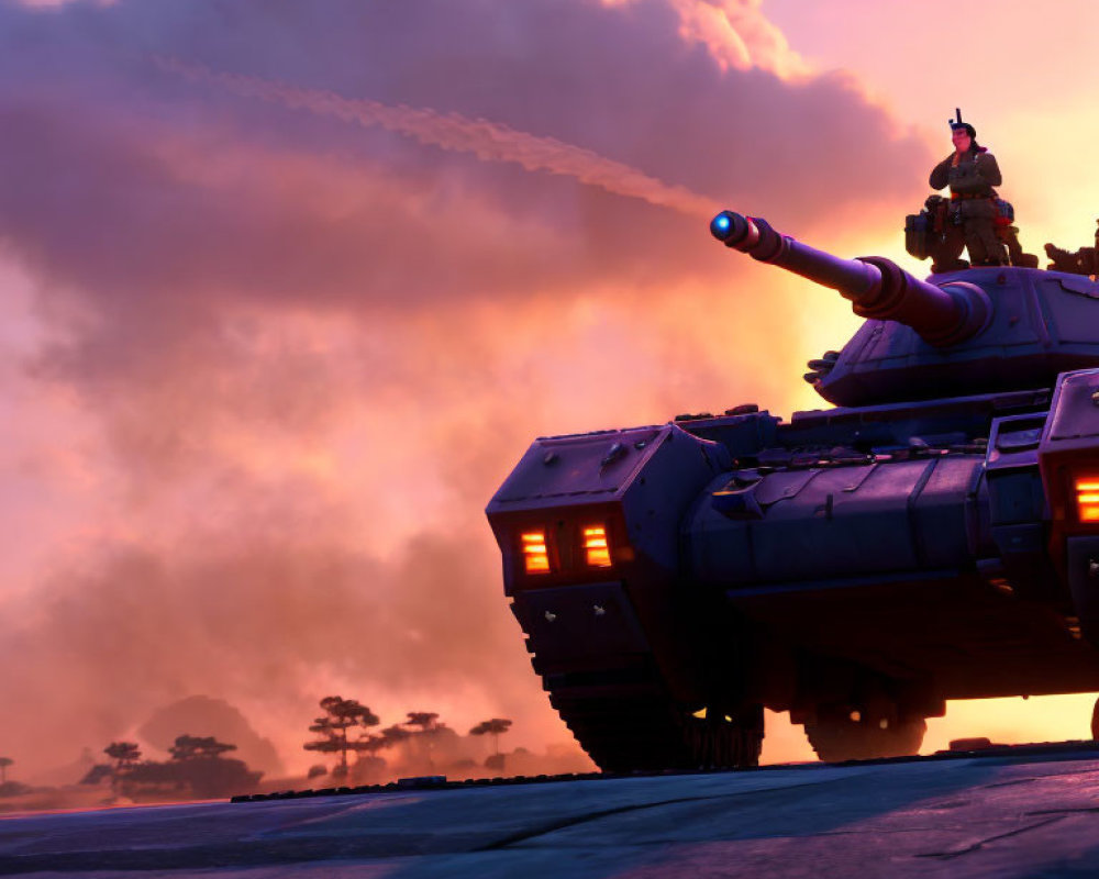 Tank firing at dusk under dramatic pink and orange sky with figure on turret.