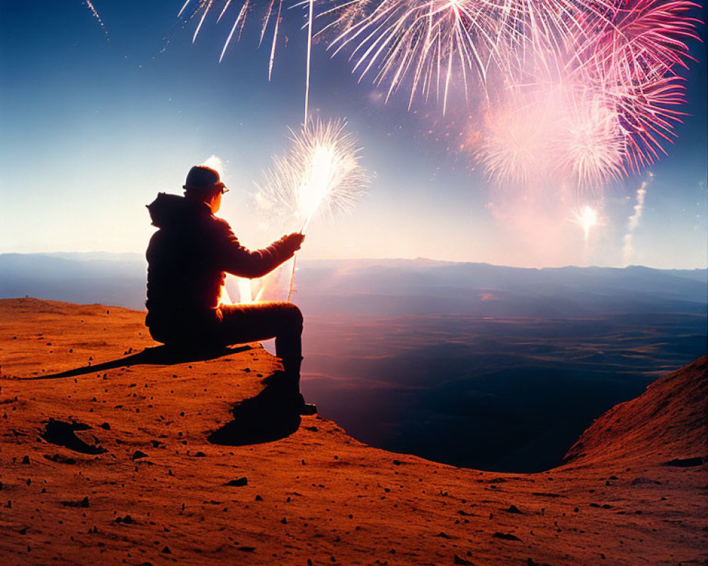 Mountain Top Twilight View with Sparkler and Fireworks