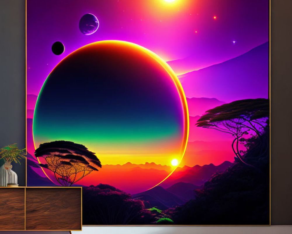 Digital artwork of cosmic landscape with planet, moons, and sunset on TV in modern room