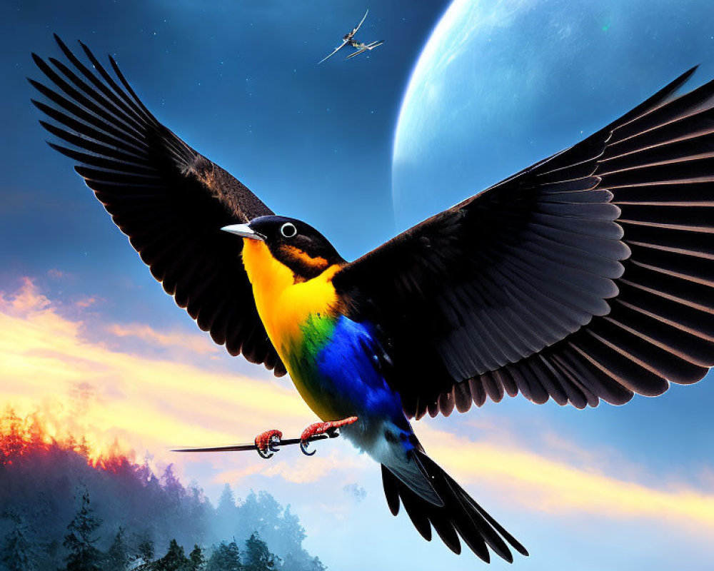 Colorful bird in flight with moon, pterosaurs, and twilight forest scene