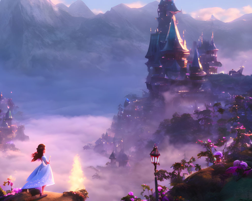 Girl in Blue Dress on Cliff Overlooking Magical Castle at Sunrise