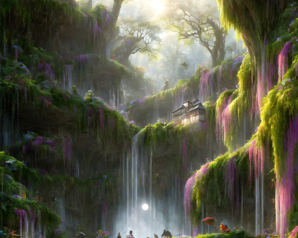 Tranquil Forest Glade with Waterfall, Purple Vines, Cliff House, Sunlight,