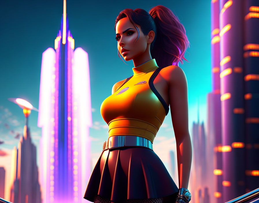 Futuristic 3D woman illustration in neon-lit cityscape