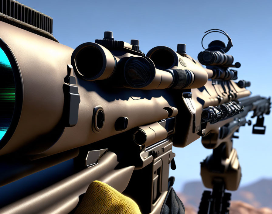 Precision rifles with scopes in desert setting