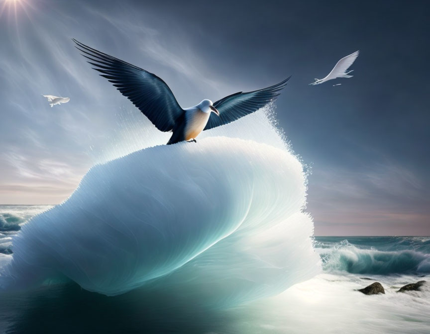 Large Bird Perched on Wave-Like Structure with Flying Birds and Ocean Waves