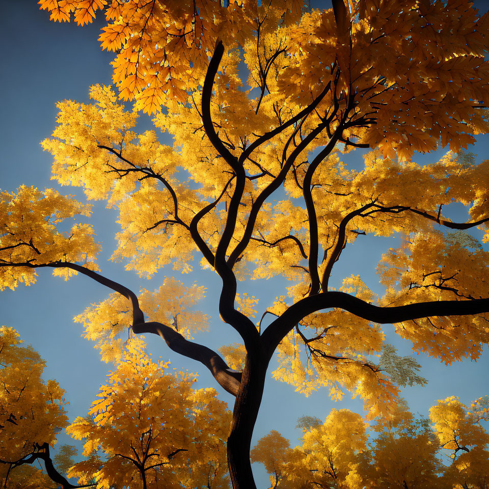 Vibrant yellow autumn leaves against clear blue sky