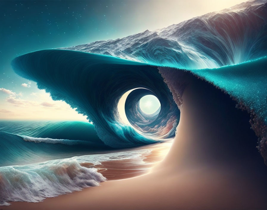 Massive wave forming circular tunnel with starry night sky and tranquil beach.