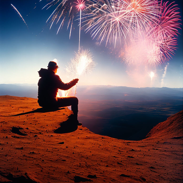 Mountain Top Twilight View with Sparkler and Fireworks