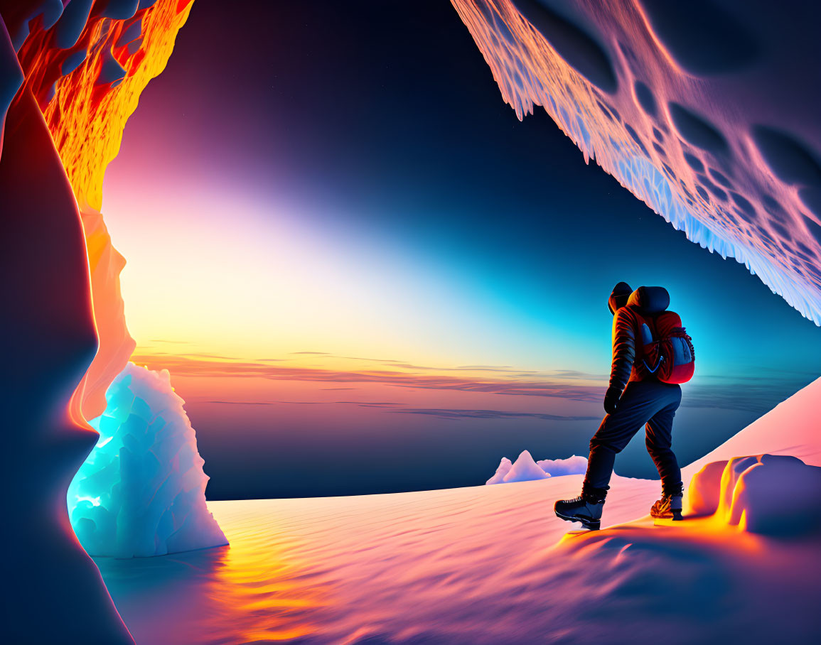 Hiker on snow-covered ledge between lava flow and sunset horizon