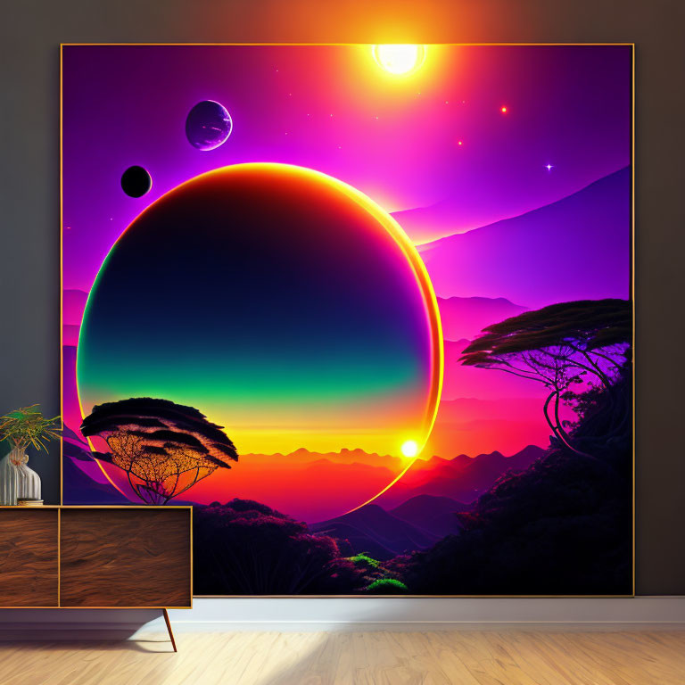 Digital artwork of cosmic landscape with planet, moons, and sunset on TV in modern room