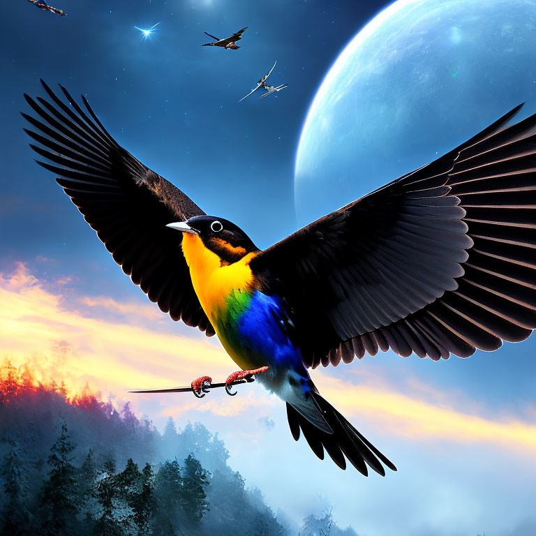 Colorful bird in flight with moon, pterosaurs, and twilight forest scene