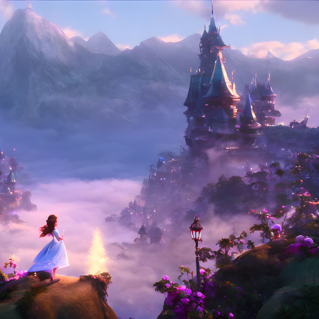 Girl in Blue Dress on Cliff Overlooking Magical Castle at Sunrise