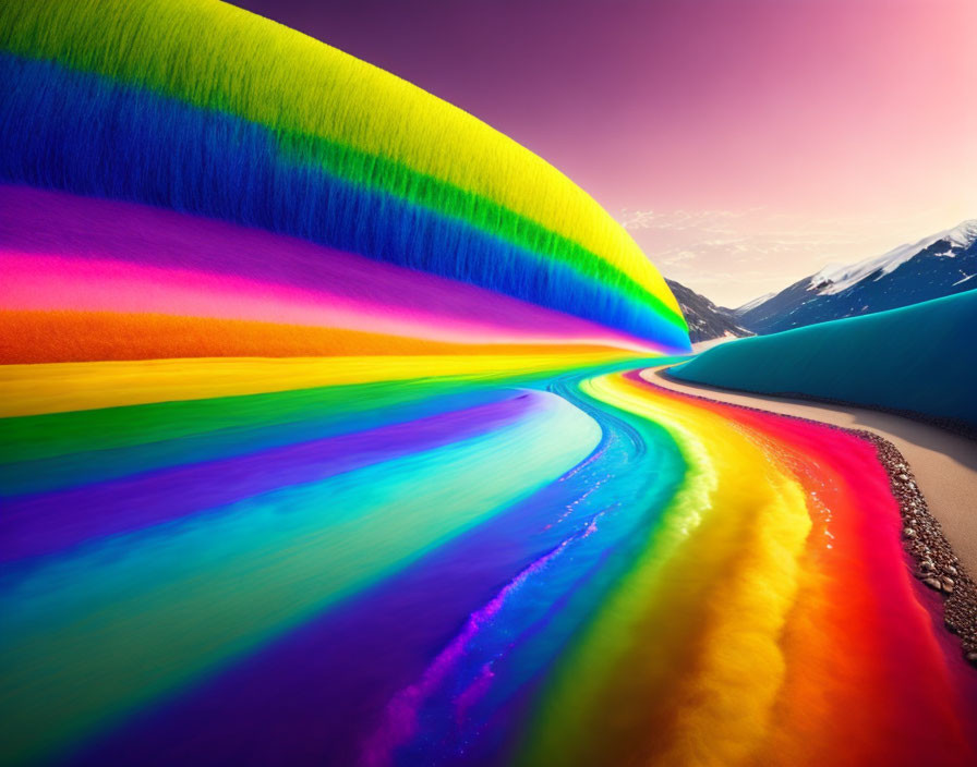 Colorful digitally altered landscape with rainbow river and snowy mountain