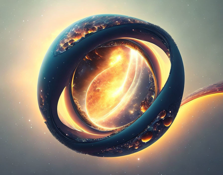 Surreal cosmic illustration with glowing galaxy and celestial rings