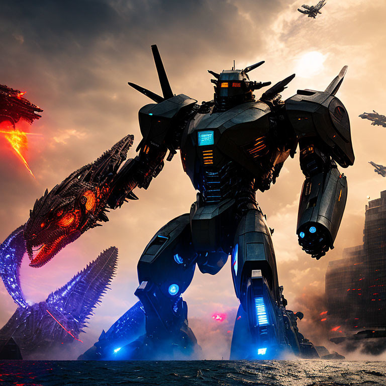 Enormous mech battles dragon in fiery cityscape with hovering aircrafts