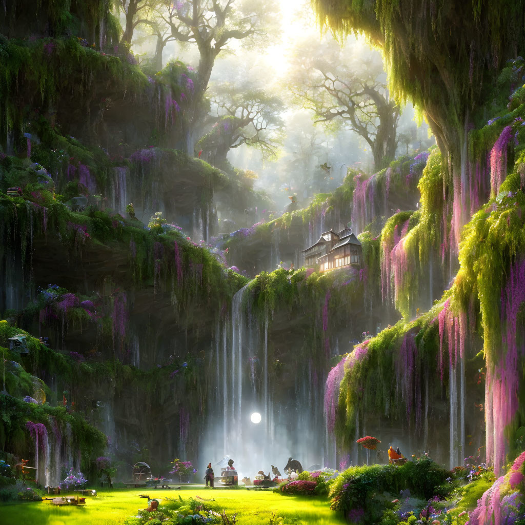 Tranquil Forest Glade with Waterfall, Purple Vines, Cliff House, Sunlight,