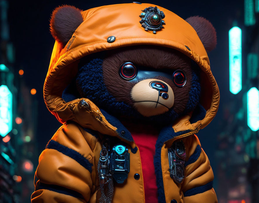 Person in Bear Mask with Orange Hooded Jacket in Cyberpunk Setting