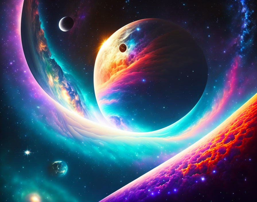 Luminous celestial bodies in vibrant space scene