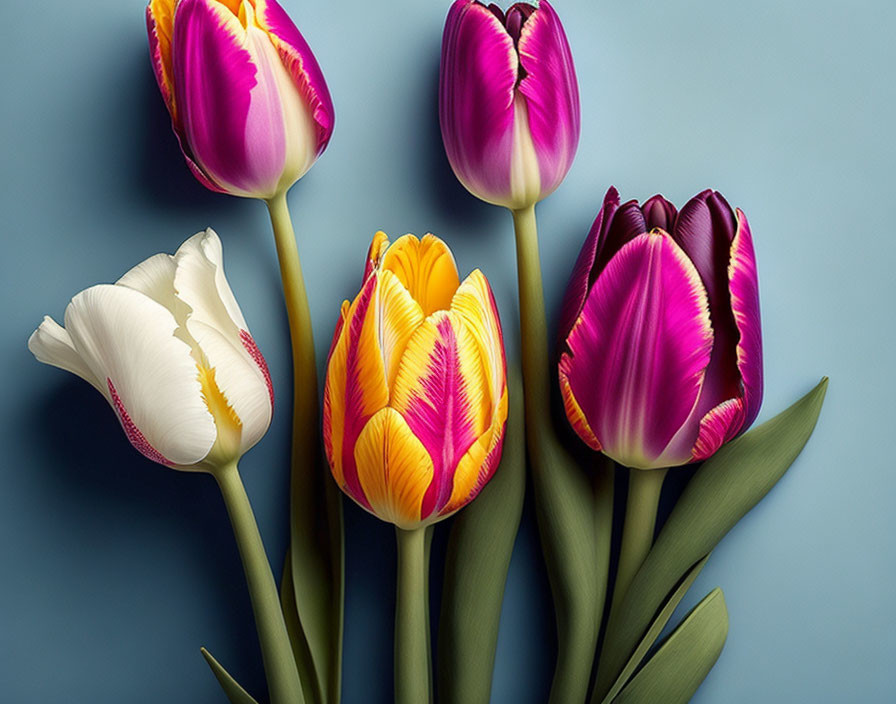 Colorful Tulips Collection on Blue Background