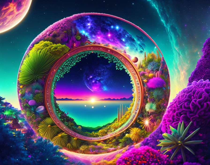 Colorful Circular Landscape with Sea, Sky, and Cosmic Elements