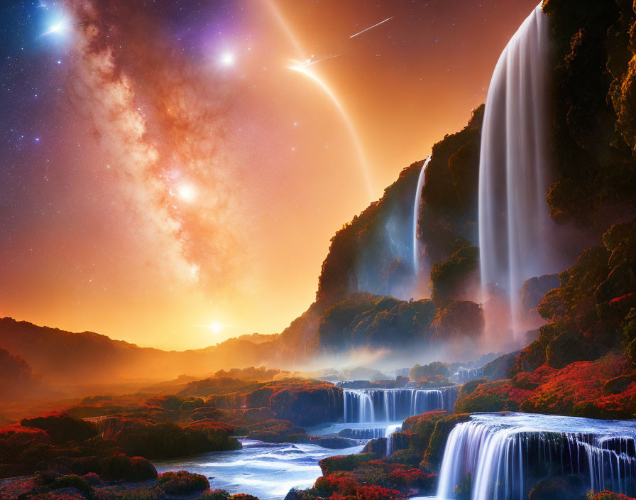 Surreal landscape with waterfalls, sunset, and galaxy-filled sky