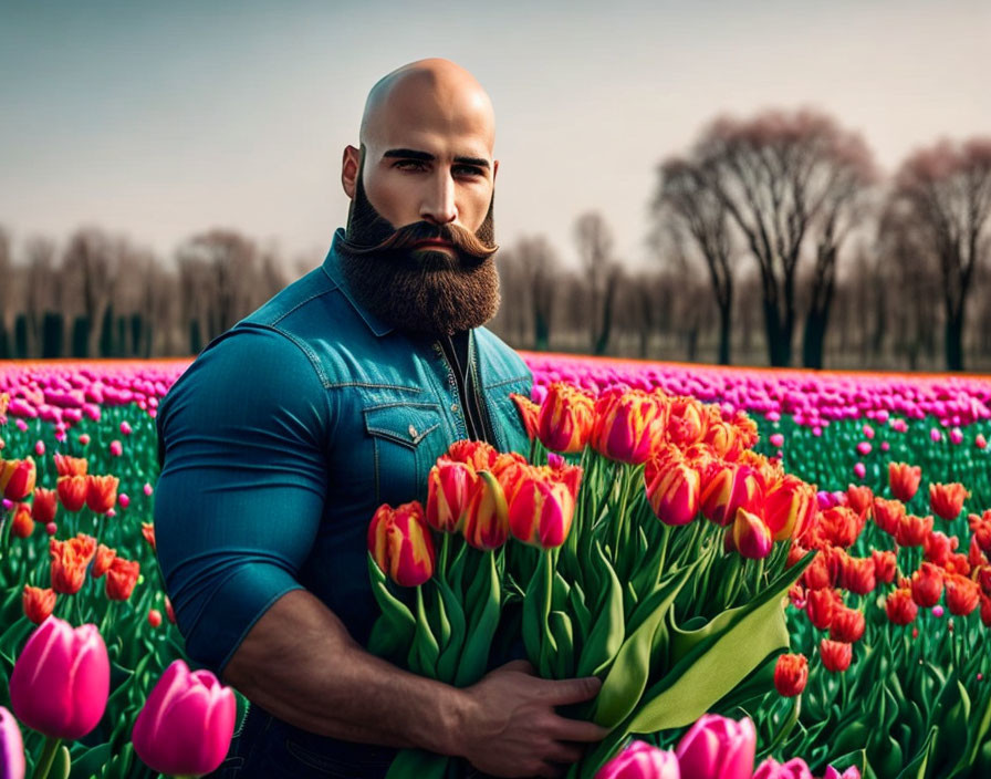 Muscular Bald Man with Beard in Colorful Tulip Field