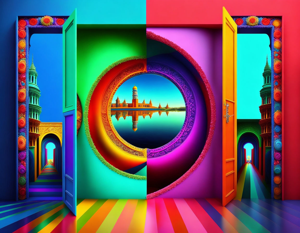 Colorful Doors Leading to Serene Lake and Historical Building at Sunset