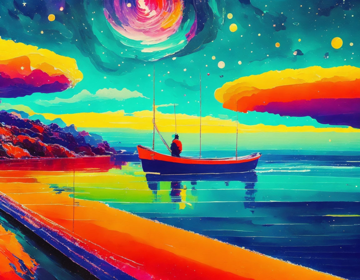 Colorful painting of solitary figure in boat under swirling galaxy