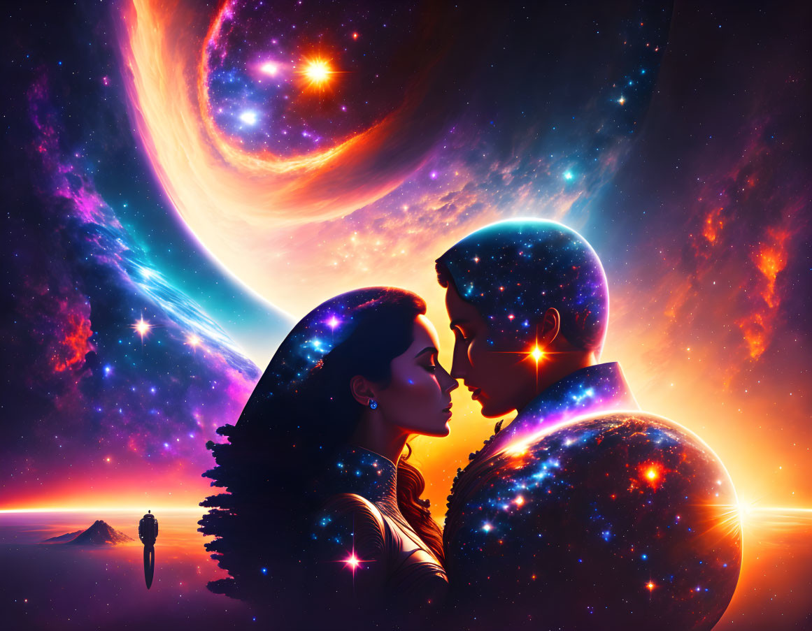 Surreal digital artwork: cosmic silhouettes kissing, galaxy background, lone figure, celestial bodies