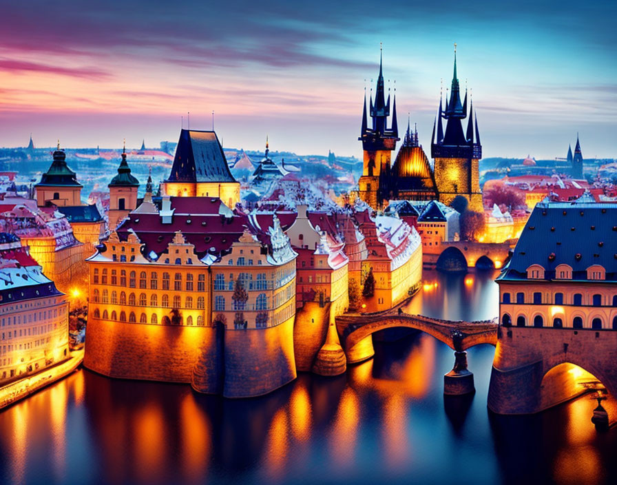 Historic European City at Twilight with Gothic Towers and Stone Bridge