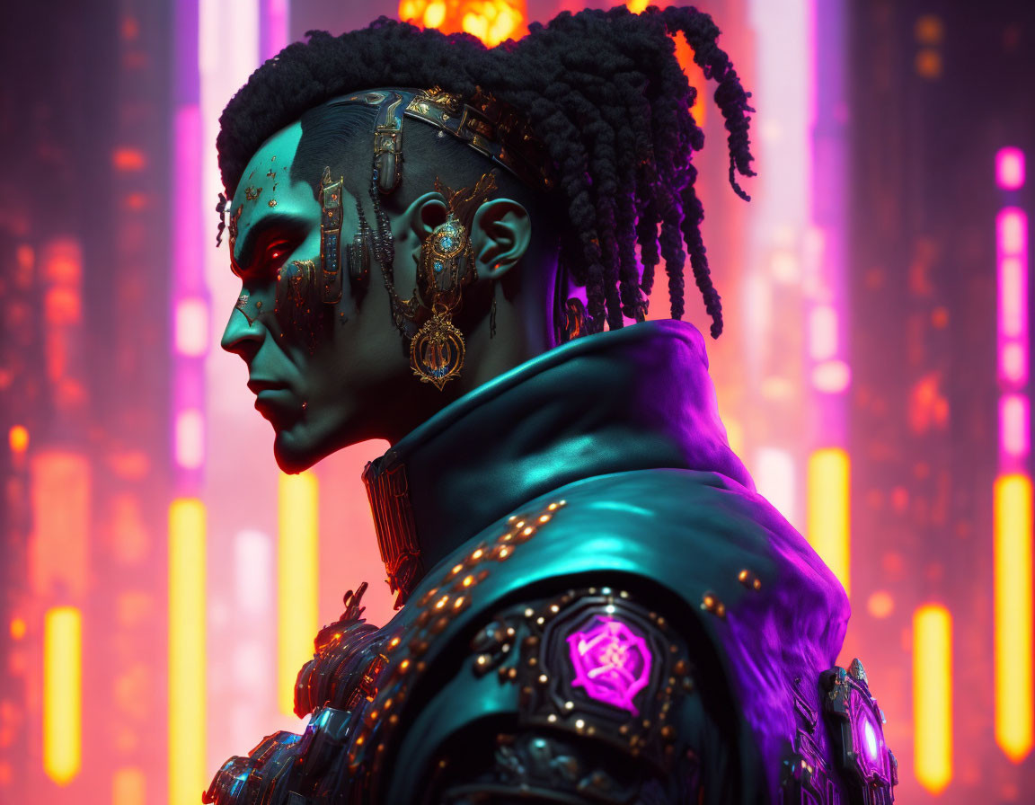 Person with Cyberpunk Aesthetic: Mechanical Faceplate & Neon Backdrop