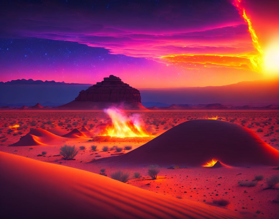 Surreal desert landscape with fiery eruptions and colorful sky