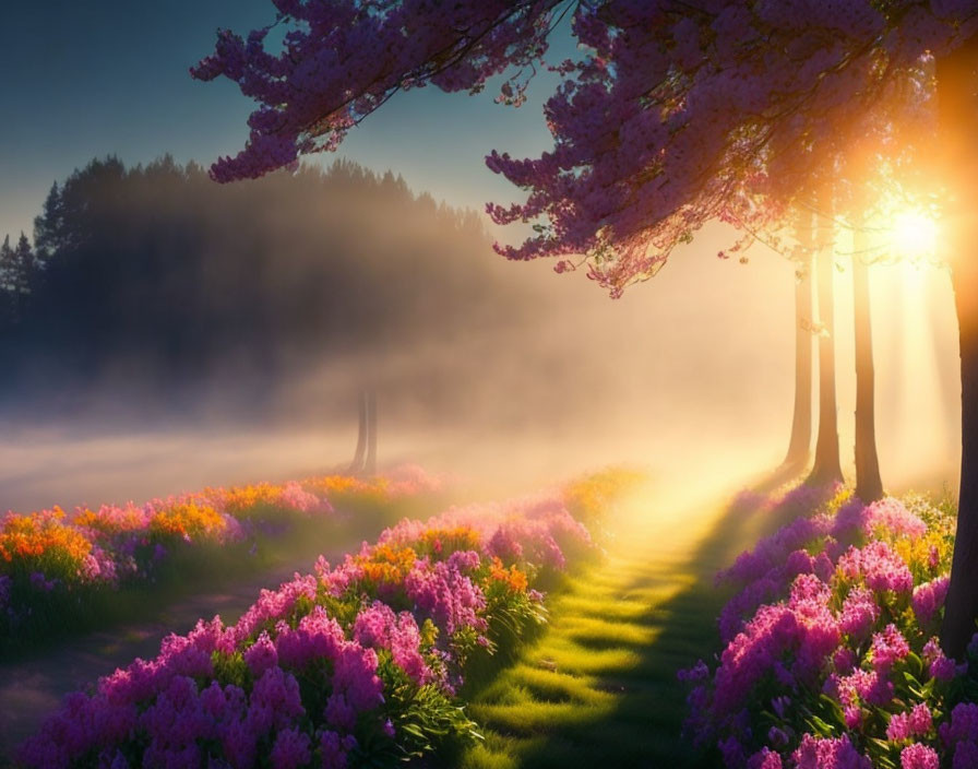 Sunlit landscape with misty path and cherry blossoms in bloom