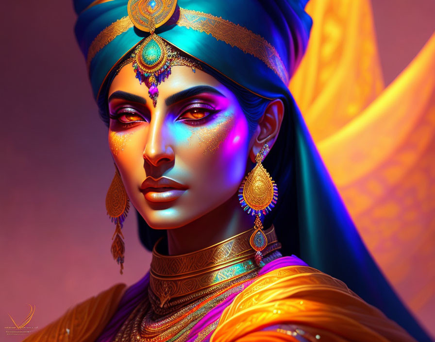 Vibrant digital art portrait of stylized woman with jewel-toned makeup